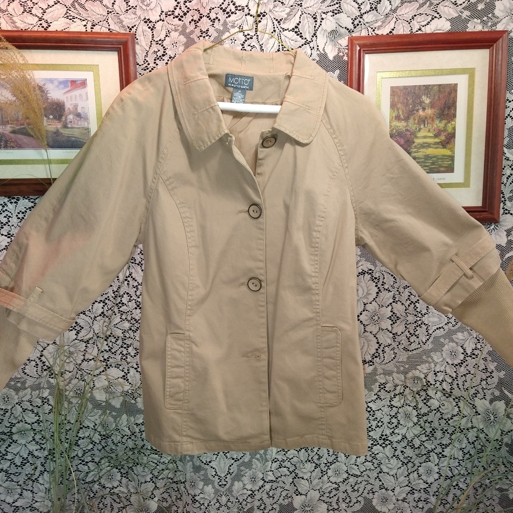 Motto tan / beige trench length jacket sweater sleeves buckle cuffs large button - Picture 1 of 6